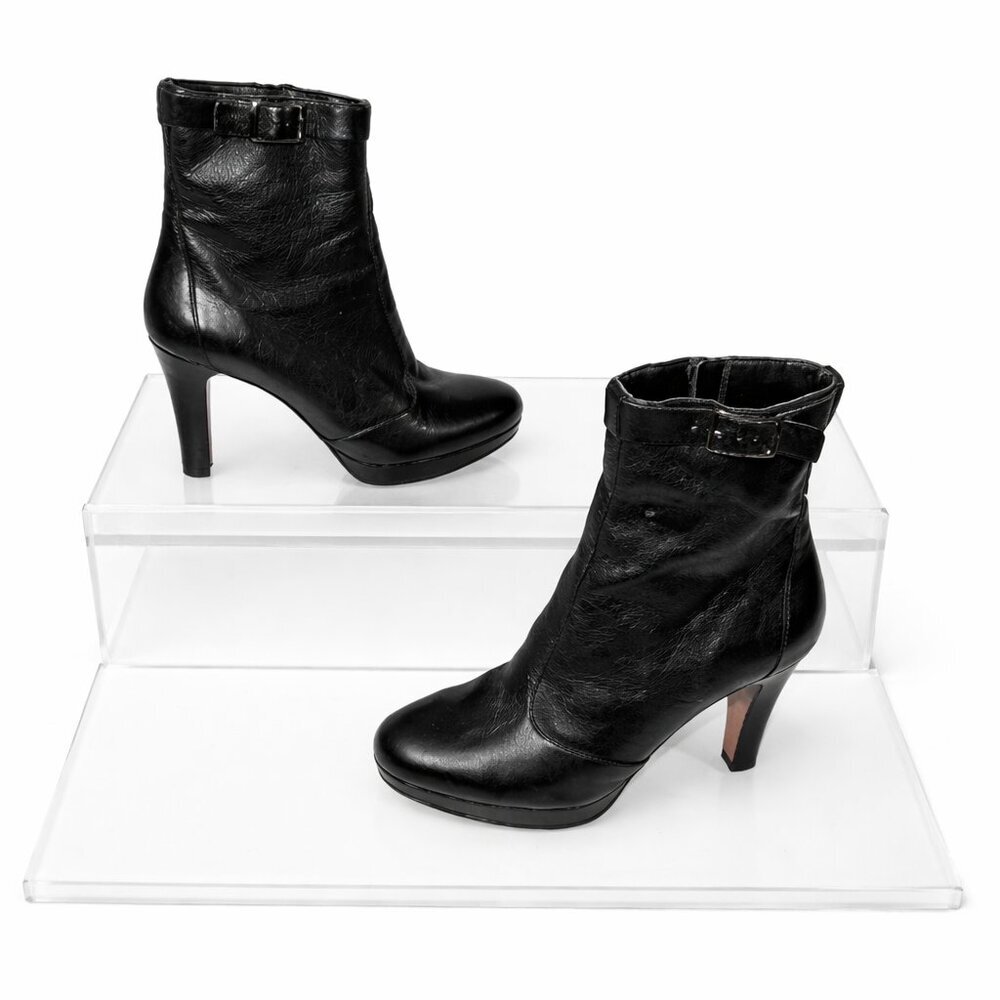 NINE WEST Fudgeit Leather Black Heels Ankle Booties Boots Shoes Size 5.5M